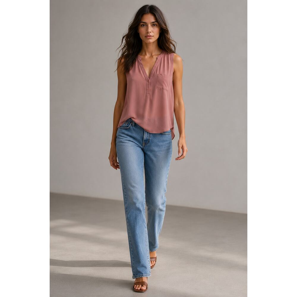 LR1705 Lush Dusty Rose Sleeveless Hi Low Blouse Womens 7 Button Front Pocket